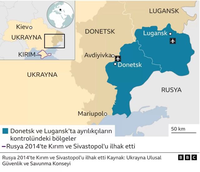 Ukrayna'daki Rus ayrılıkçıların kontrolündeki bölgeyi gösteren harita