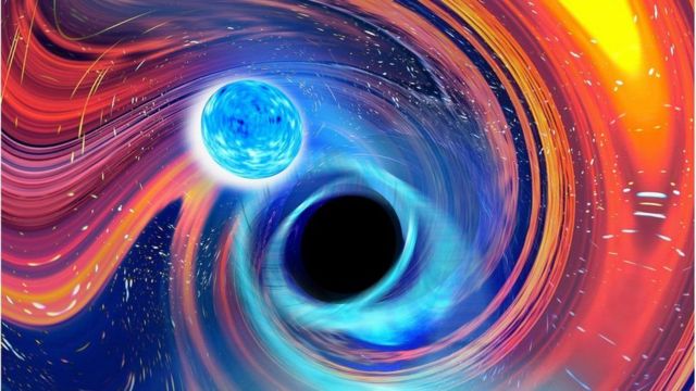 Artist's impression of a neutron star falling into a black hole