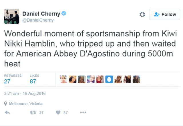 豪スポーツ記者のダニエル・チャーニーさんは「5000m予選で倒れたニュージーランドのニッキー・ハンブリンがアメリカのアビー・ダゴスティノを待った。素晴らしいスポーツマン精神の瞬間だ」とツイートした