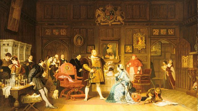 Enrique VIII y Ana Bolena, observados por la reina Catalina de Aragón, que está en la puerta, y un grupo de cortesanos. Pintura de Marcus Stone, 1870. Colección privada.