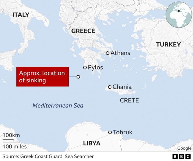 A BBC map shows the location where a migrant boat capsized off the Greek island of Pylos