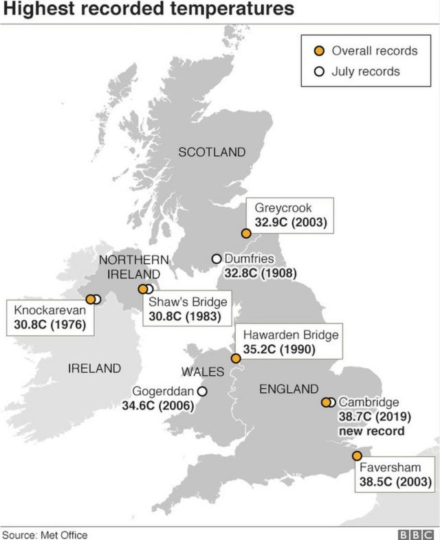 Map showing highest temperatures in Britain