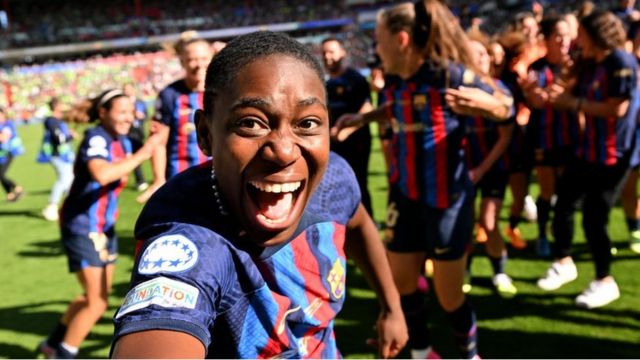 Asisat Oshoala celebrates after Barcelona win the 2023 Women's Champions League final