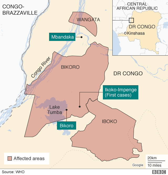 Map of Ebola outbreak in DR Congo