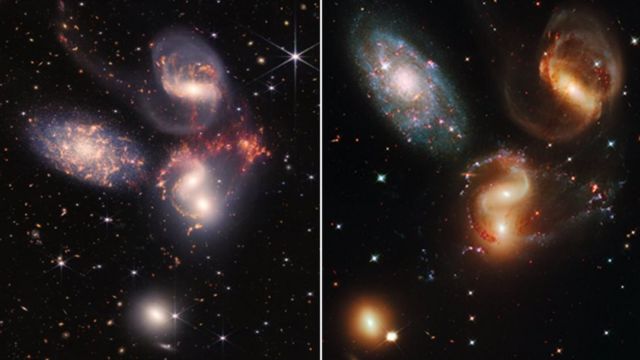 斯蒂芬五重星系照片：左为韦伯望远镜所摄，右为哈勃望远镜所摄。(photo:BBC)