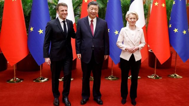 China's President Xi Jinping, his French counterpart Emmanuel Macron and European Commission President Ursula von de Leyen meet for a working session in Beijing, China April 6, 2023