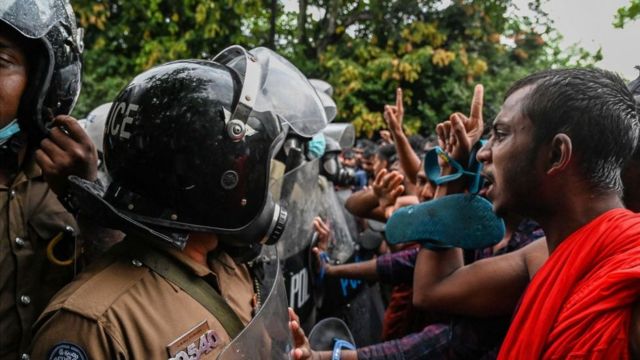 Protestors near Sri Lanka's parliament building in Colombo.