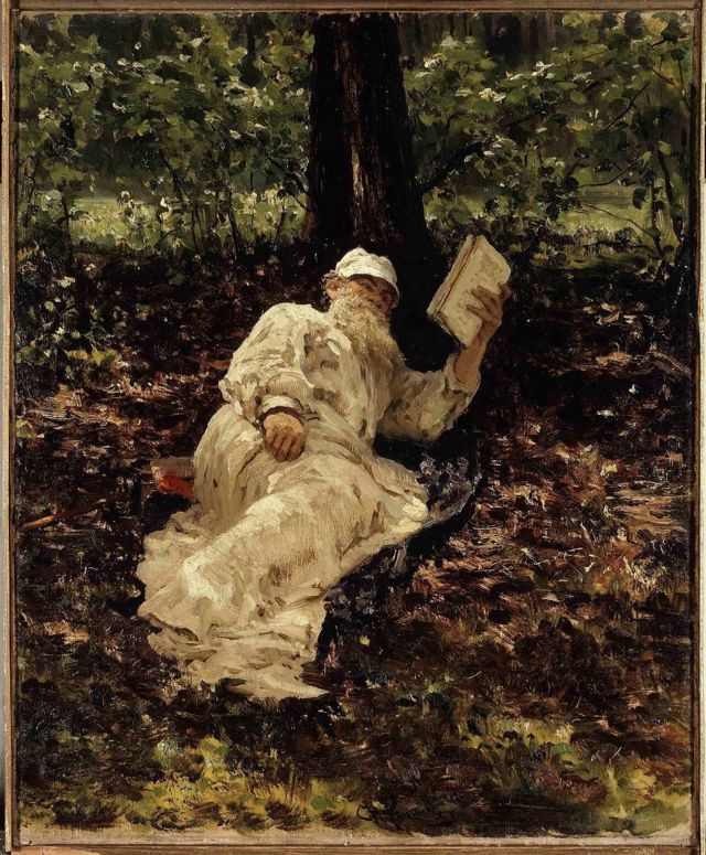 Tolstoi descansando en el bosque, pintura de Ilya Yefimovich Repin, 1891