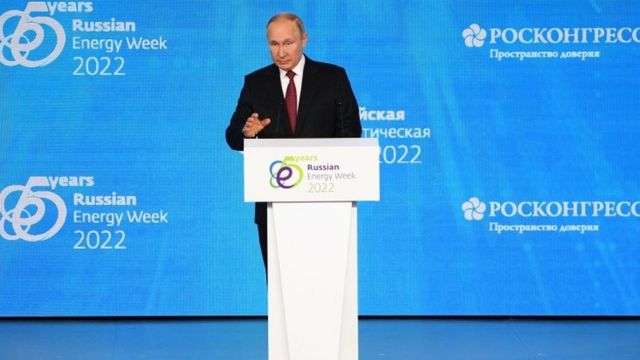 Russian President Vladimir Putin speaks at the Russian Energy Week Forum in Moscow on October 12, 2022.