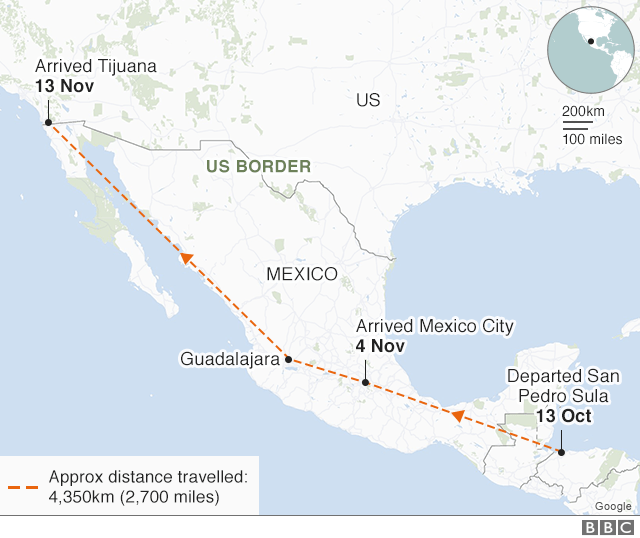 移民キャラバンの移動距離。10月13日にホンジュラスのサン・ペドロ・スーラを出発したキャラバンは、人数を増やしながら北上。11月13日にはアメリカ国境と接するメキシコのティフアナに到着した