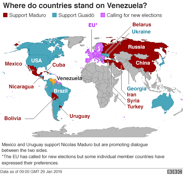 Map of countries supporting Mr Maduro and Mr Guaidó