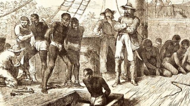 Gravura do século 18 mostra escravos embarcando em navio
