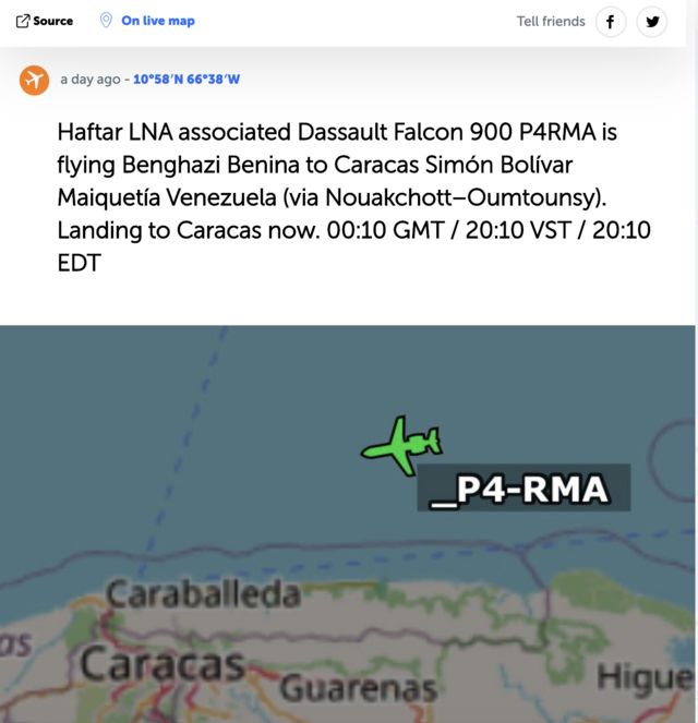 Liveumap.com internet sitesi de uçağın Caracas'a indiğini gösterdi.