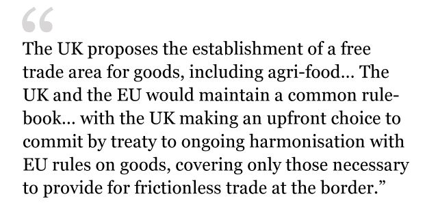 Text from white paper: The UK proposes the establishment of a free trade area for goods, including agri-food… The UK and the EU would maintain a common rulebook…with the UK making an upfront choice to commit by treaty to ongoing harmonisation with EU rules on goods, covering only those necessary to provide for frictionless trade at the border.