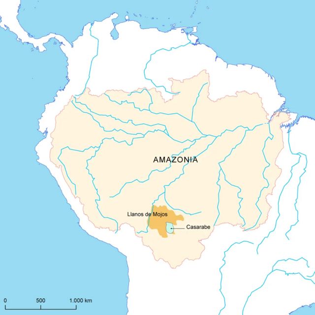 Mapa que muestra la sabana de los Llanos de Mojos y el área de la Cultura Casarabe