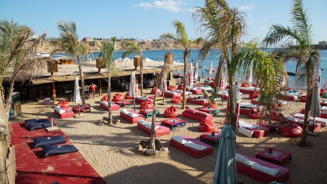 Empty sun loungers on a beach in Sharm el-Sheikh - November 2015