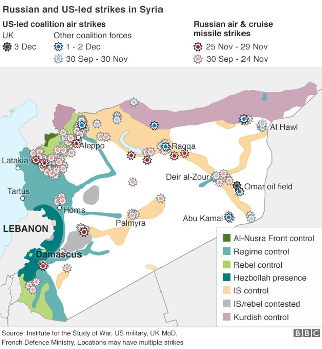 ロシア（赤）と米主導の有志連合（青）の空爆地点と、シリア各勢力の支配地域（政府は薄緑、ISは薄茶）