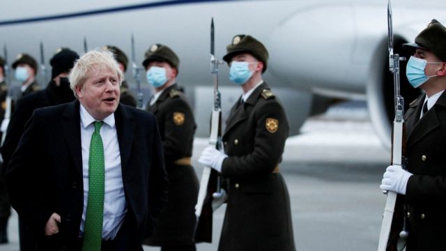 Prime Minister Boris Johnson arrives in Kyiv, Ukraine for crisis talks with Ukrainian president Volodymyr Zelensky amid rising tensions with Russia. 1 February 2022.