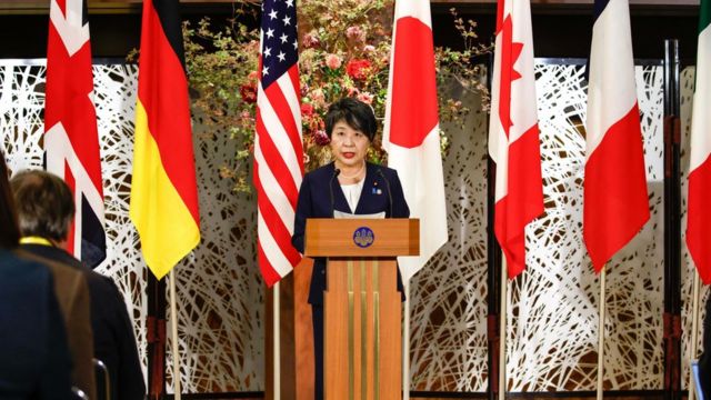 G7外相会合で議長を務めた上川陽子外相は、各国がウクライナ支援で結束したと述べた