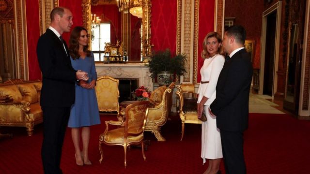 Prince William, Duke of Cambridge and Catherine, Duchess of Cambridge meet Ukrainian President Volodymyr Zelensky and his wife Olena during an audience at Buckingham Palace on 7 October 2020 in London, England