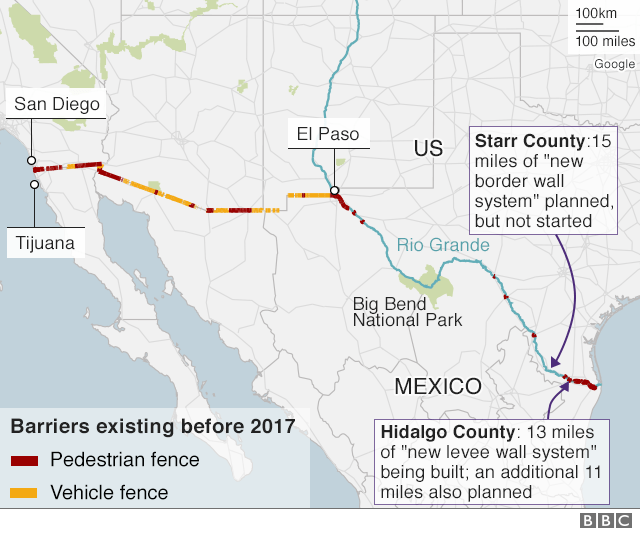 Map showing current barriers on the US-Mexico border