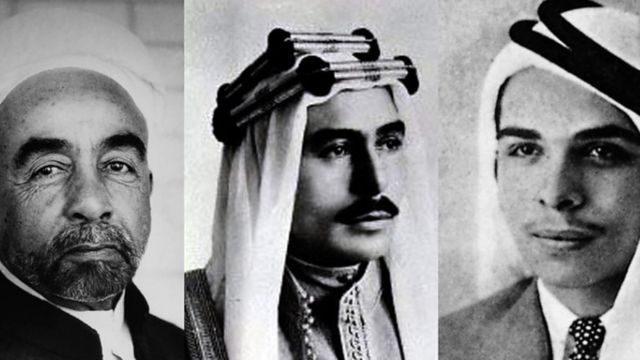 من اليسار الملك عبد الله بن الحسين، وابنه طلال، وحفيده الحسين بن طلال