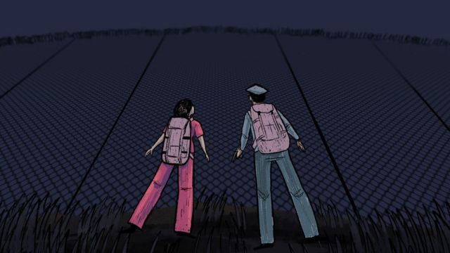Jeon and Kim at the fence guarding the detention centre - illustration