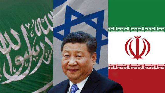 Chinese President Xi Jinping with the Saudi, Israeli and Iranian flags