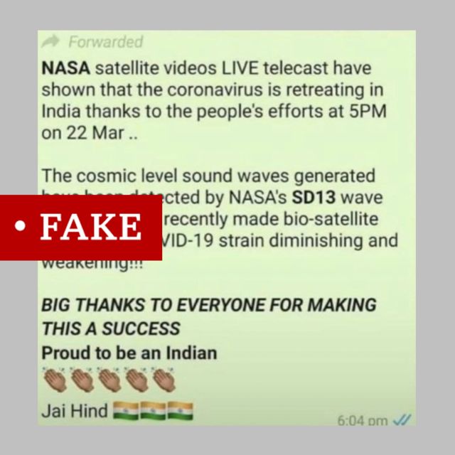 A WhatsApp message about Nasa satellites detecting Indians clapping