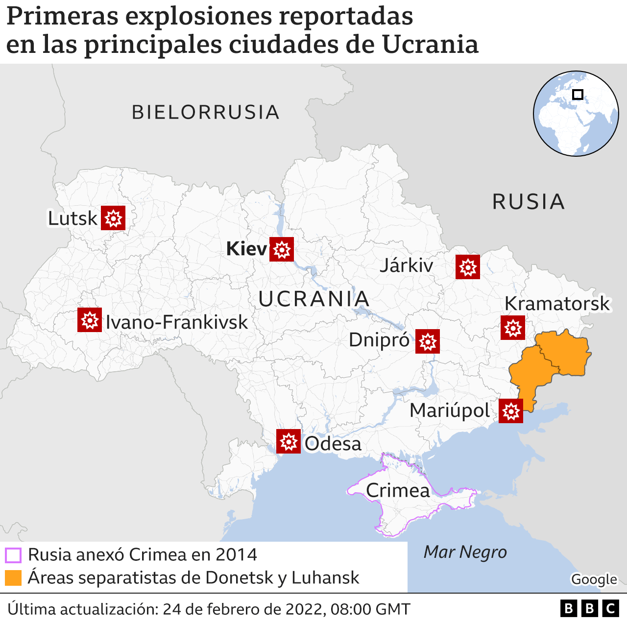Mapa de las ciudades donde se reportaron las primeras explosiones