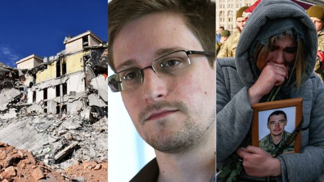 Damage in Aleppo, Syria, US fugitive Edward Snowden and relative of Ukrainian serviceman