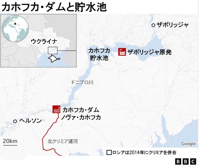 カホフカ・ダムとその周辺の地図