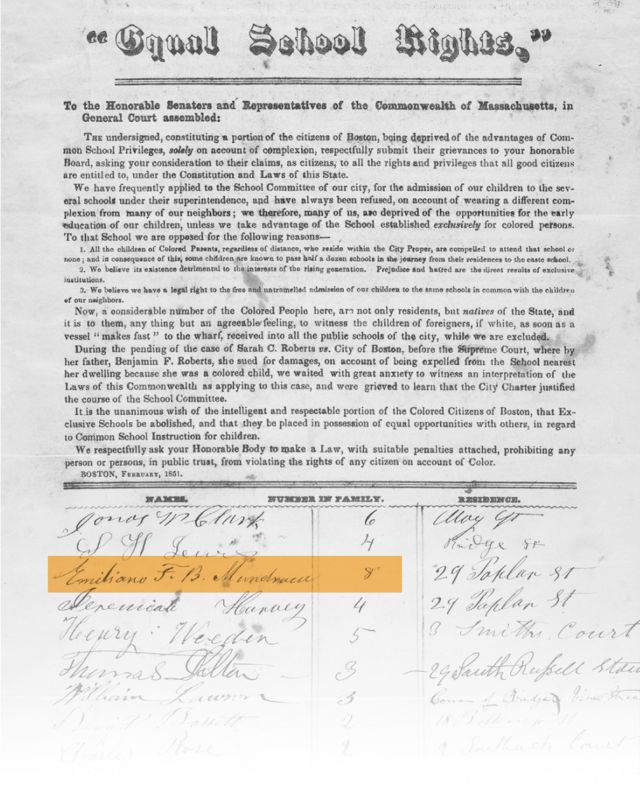 Petição pelo fim da segregação racial nas escolas de Boston assinada por Mundrucu em 1851