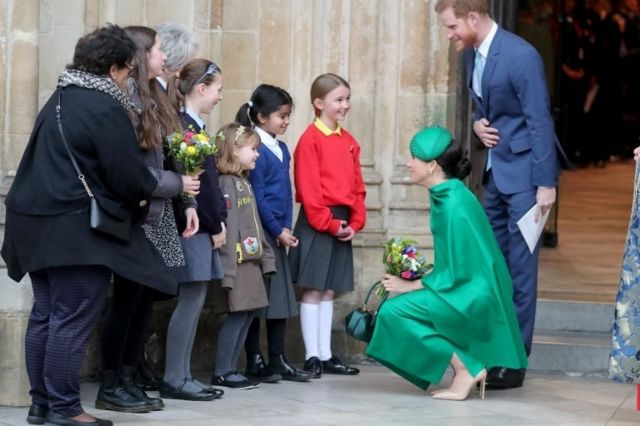 Prince Harry, Duke of Sussex and Meghan, Duchess of Sussex meets children as she attends the Commonwealth Day Service 2020 on March 09, 2020 in London