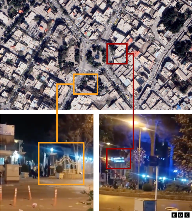 Graphic showing how the locations of landmarks in a video from Iran was cross-checked with a satellite image