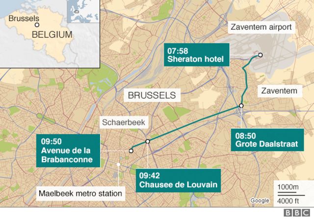 「帽子の男」が空港からブリュッセル市内まで移動した経路