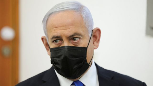 Benjamin Netanyahu in court in Jerusalem (5 April 2021)
