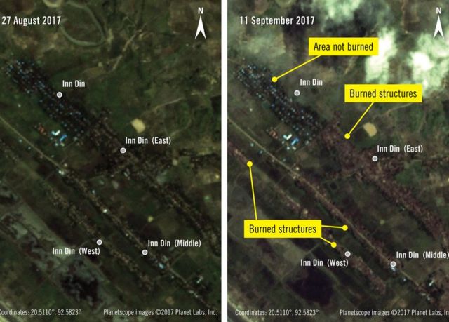 複数のロヒンギャ集落が焼き討ちに遭う前後を比較した衛星写真