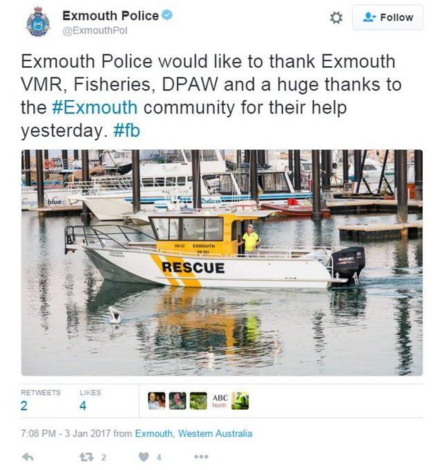 A tweet from Exmouth Police thanking those who helped with the rescue