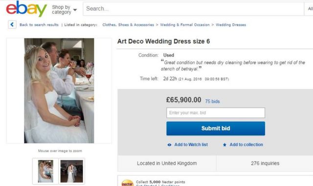 El anuncio de Ebay en el que Samantha Wragg vende su vestido de novia.