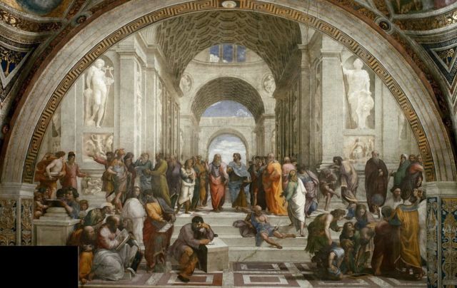 Em "A Escola de Atenas" de Rafael (1510-1511), Diógenes está sentado na escada, sozinho, no centro, vestindo uma toga azul