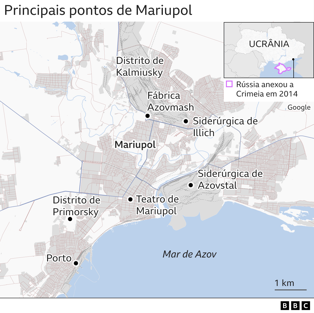 mapa mostra principais lugares da cidade de mariupol, como porto e siderúrgicas
