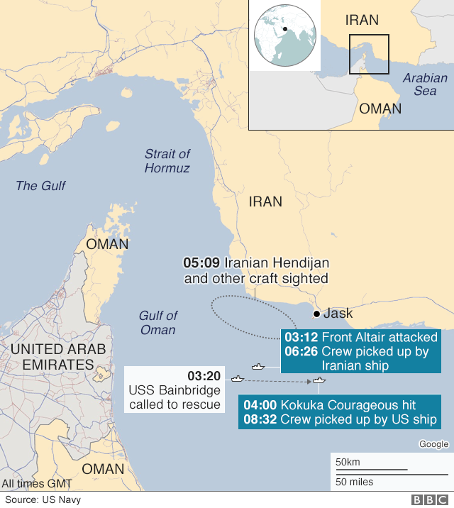 Map showing the locations of two vessels attacked in the Gulf of Oman on 13 June 2019