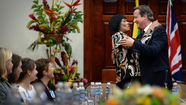 Prime Minister David Cameron holds talks with Jamaican Prime Minister Portia Simpson Miller at her office, Jamaica House, in Kingston,