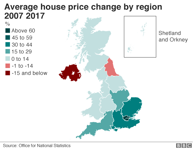 House price change by region