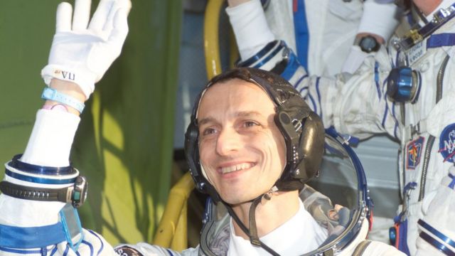 European astronaut Pedro Duque climbs the steps to the Soyuz TMA-3 capsule on the launch pad before the launch of the Cervantes Mission at 05:38 GMT on 18 October 2003 (Baikonur Cosmodrome, Kazakhstan).