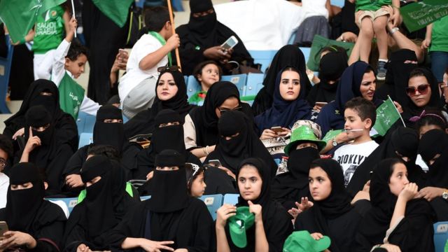 Saudi women sit at a stadium for the first time to attend an event in the capital Riyadh on September 23, 2017