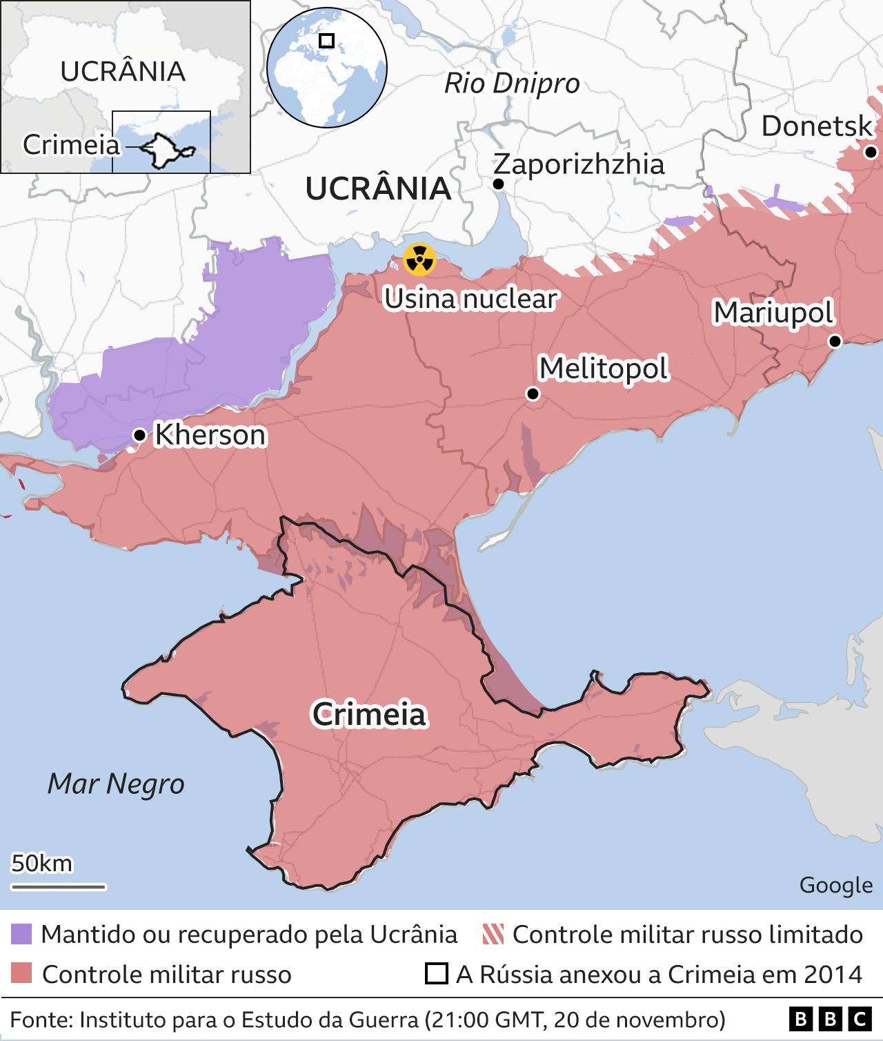 Mapa mostra usina nuclear e áreas ocupadas na Ucrânia