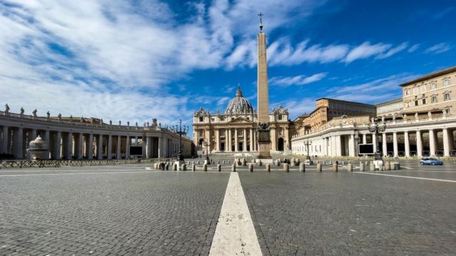 St. Peter's Square, the large plaza in front of St. Peter's Basilica in the Vatican City, completely empty due to the coronavirus lockdown.