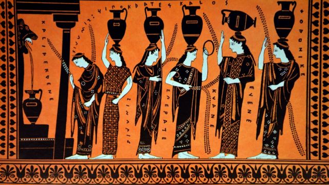 Cerâmica grega datada de 400 a.C. ilustrando mulheres recolhendo água para uma noiva